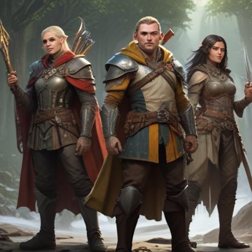 A dungeons and dragons adventuring party consisting of five members: An male elven rogue/bard, a female half-elf cleric/warlock, a female half-elf sorceror/warlock, a male dwarven ranger, and a male goliath barbarian/paladin.