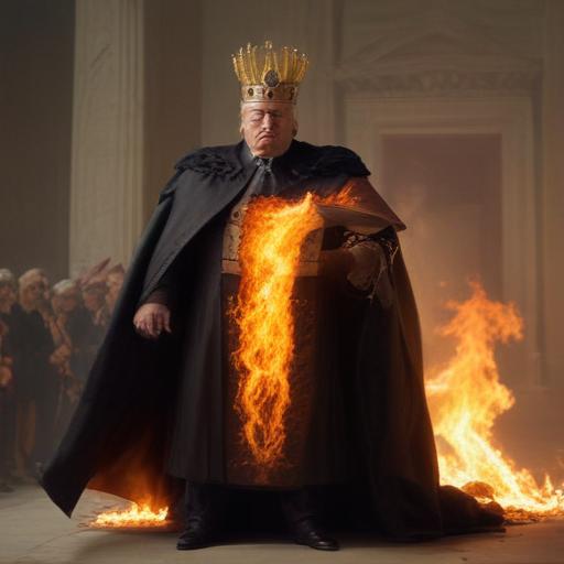 An image of Trump dressed as an emperor burning the constitution
