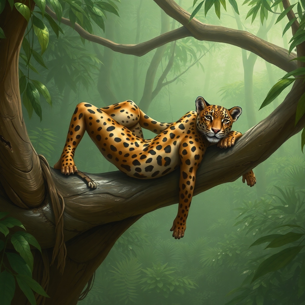 A humanoid lithe leopard woman lying draped along a jungle tree branch looking relaxed, athletic and composed