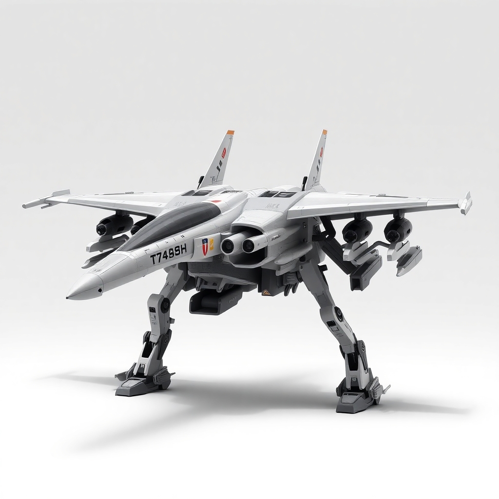 Chinese, Chengdu J-20 style, laterally symmetrical, Macross Valkyrie, Gerwalk Mode, with arms & GU-11 Gun Pod,on a white background