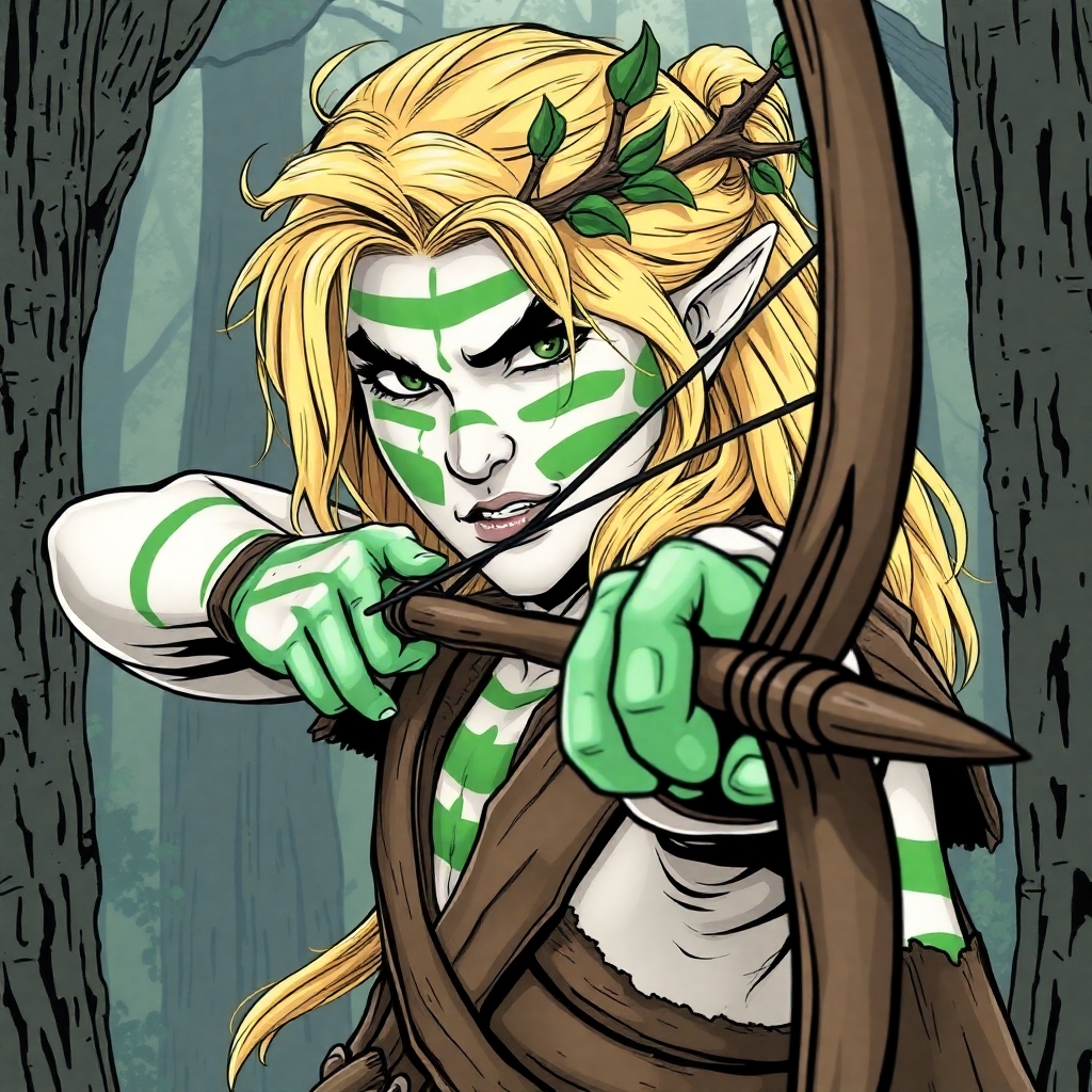 A warhammer fantast wood elf. Tall and blonde with tree branches decorating his hair and his pale white skin painted with green stripes.  With a longbow ready to shoot. Drawn in comic style