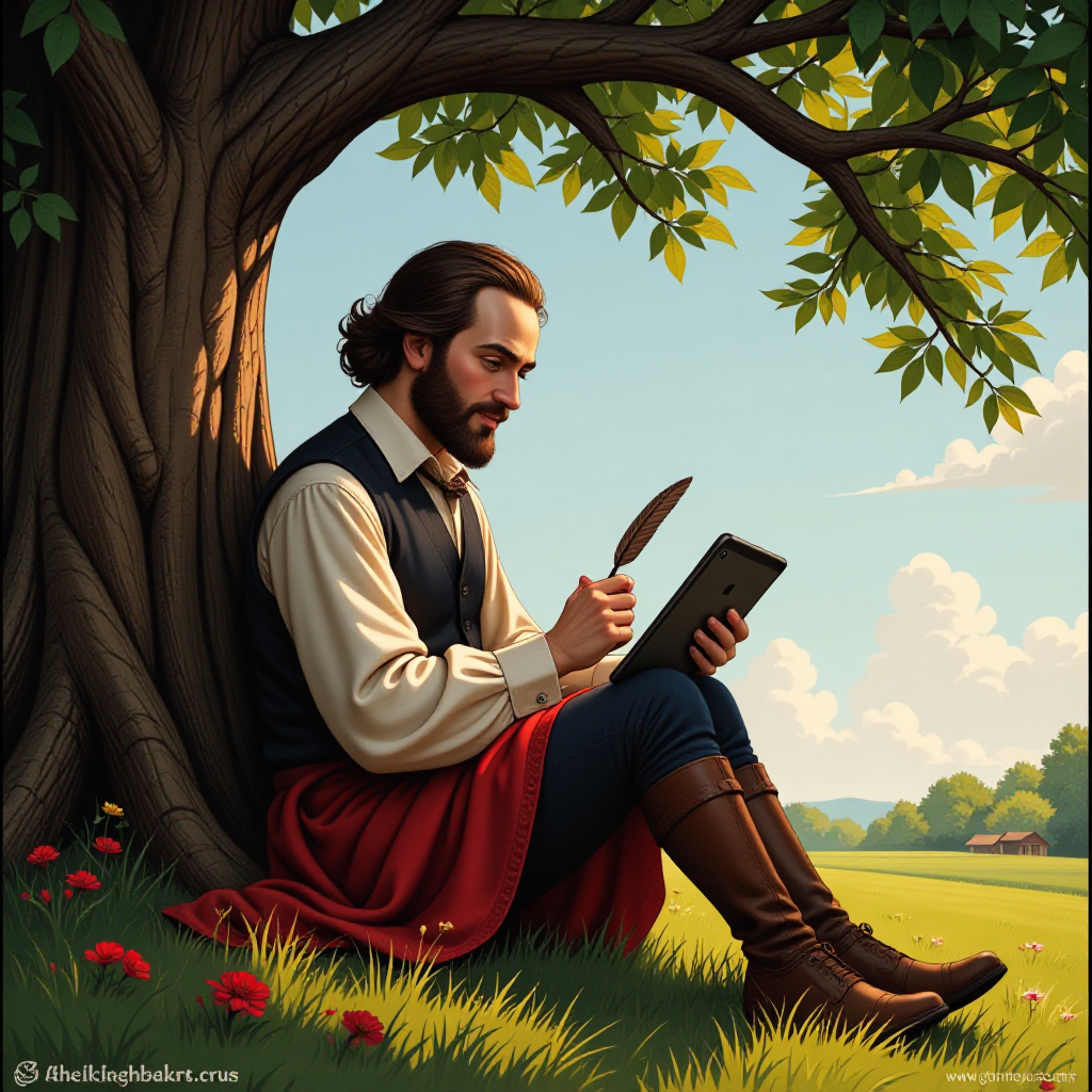 An image showing William Shakespeare sitting under a tree writing on an iPad with a quill pen.