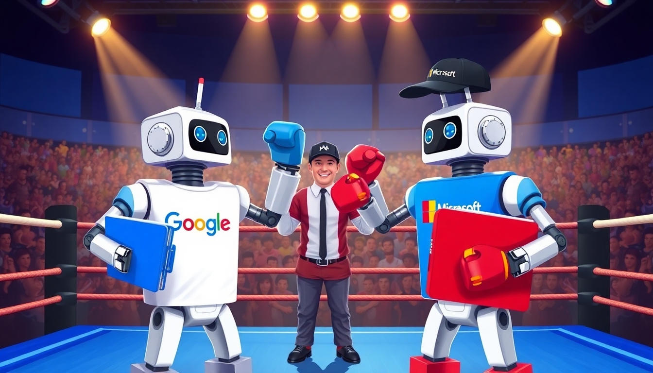 Create a vibrant, eye-catching illustration of two classic Rock'em Sock'em-style robots in a boxing ring. One robot is wearing a white Google-branded T-shirt, and the other is wearing a blue Microsoft-branded T-shirt. Instead of boxing with their fists, each robot is wielding a large, notebook binder as a playful weapon. The Google robot has a blue binder, the Microsoft robot has a red binder. The scene is being refereed by a third robot, styled like the Pixar Movie “Robots”, wearing a black baseball cap with the Perplexity.ai logo clearly visible. The atmosphere is energetic and fun, with the boxing ring set under bright lights and a lively, tech-inspired audience in the background. The overall style should be polished, modern, and suitable for use in a professional technology blog or publication. Avoid using any copyrighted logos; use suggestive branding (such as color schemes and general design elements) to represent Google, Microsoft, and Perplexity.ai.