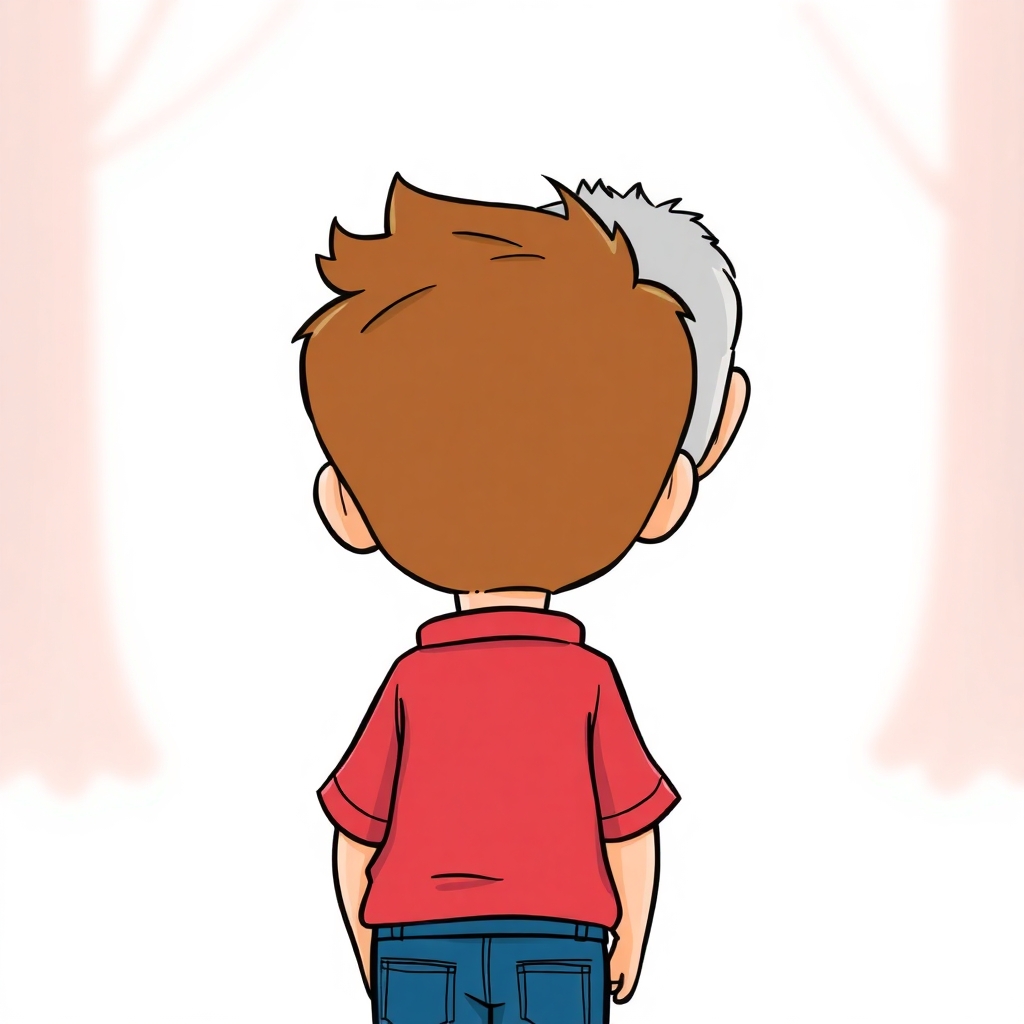 a cartoon drawn little boy with brown hair and his grandfather with short gray hair standing next to each other from behind. https://www.imagiyo.com/images/mxkaz6Y5aJ0P/view