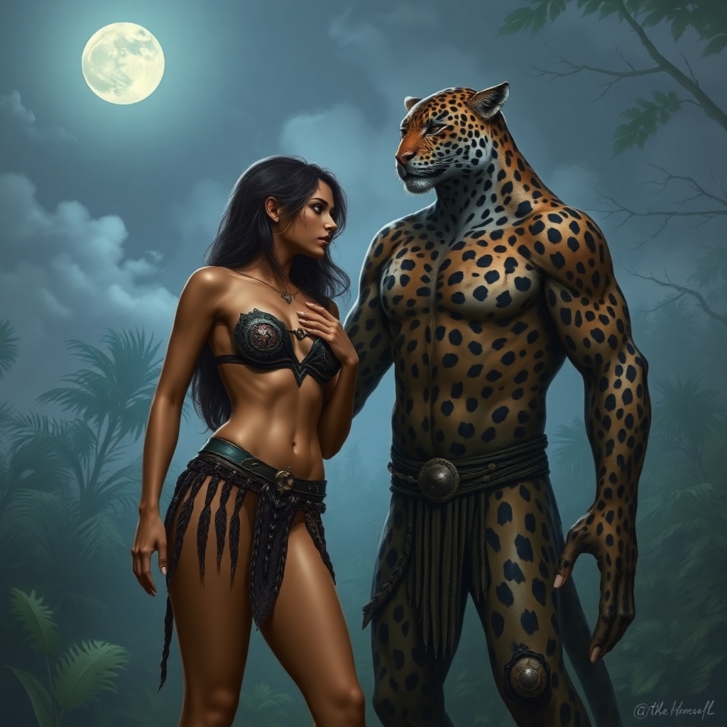 A mysterious female Druid wearing an animal skin bikini standing side to the camera facing a powerful humanoid leopard man. Her hand is resting on his chest. They are in a jungle clearing on a moonlit night.