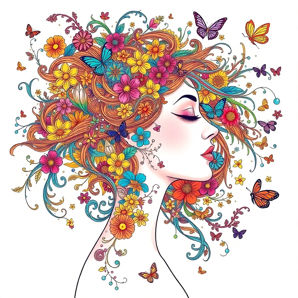Side profile of a serene woman with her eyes closed, her flowing hair transforming into colorful swirling patterns filled with vibrant flowers, butterflies, and whimsical elements. Artistic, fantasy style with detailed linework and a dreamy, surreal feel. Bright, vivid colors on a clean white background. Elegant, feminine, and expressive.