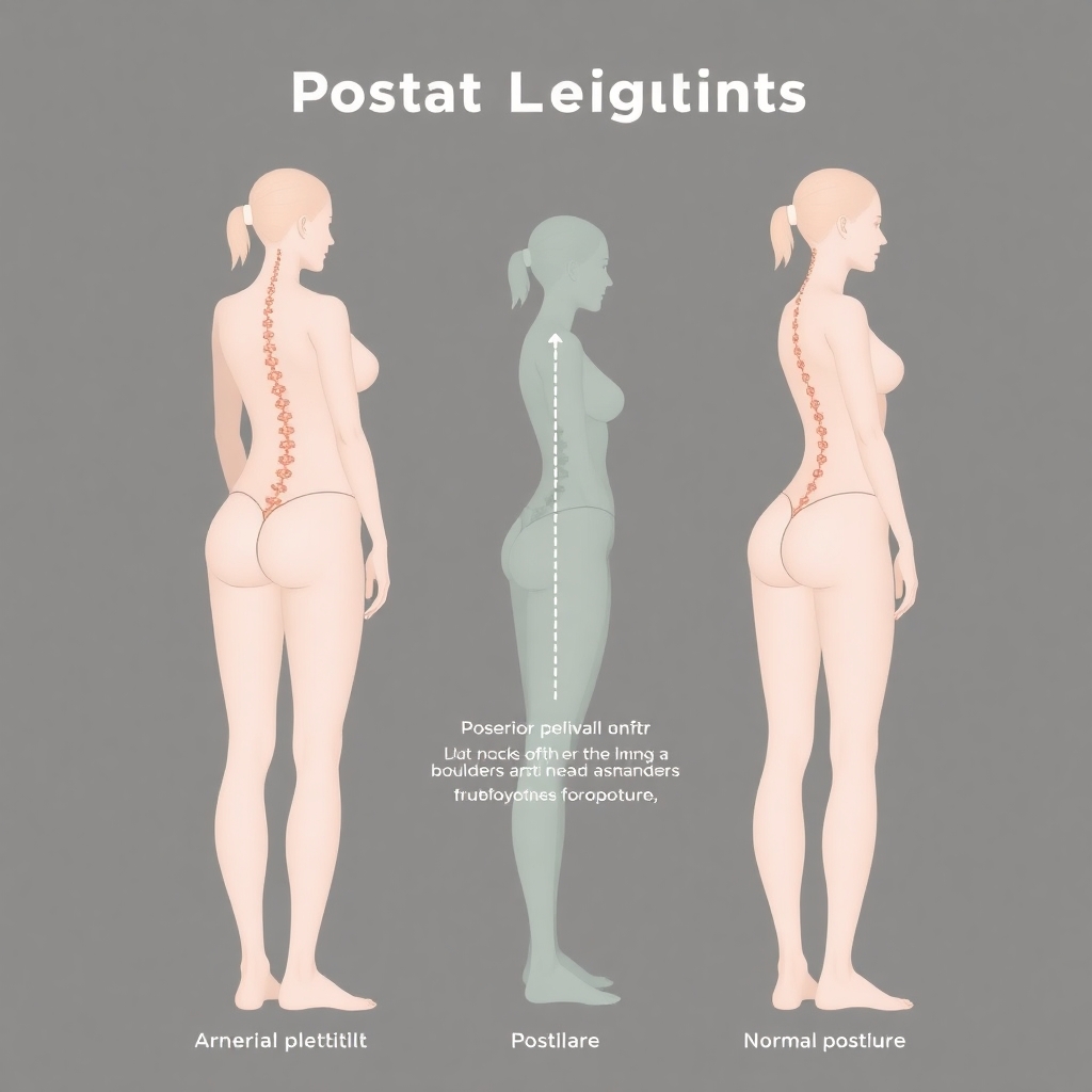Create an image showing posture alignments in females showing 3 different categories: anterior pelvic tilt with excessive arching of the lower back, Posterior pelvic tilts with the butt tucked  under and the rounding of the upper back and shoulders with a bit of forward head posture, and normal optimal posture