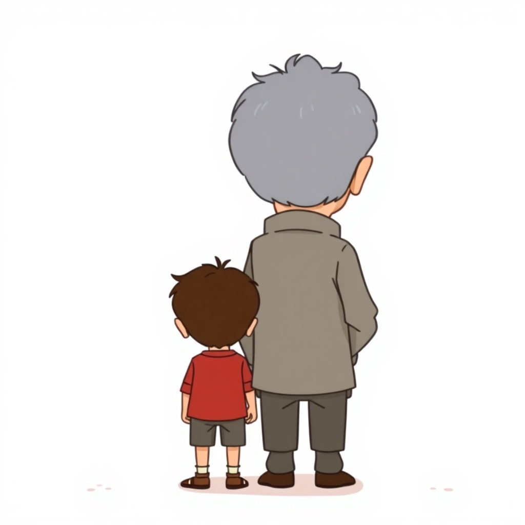 a cartoon drawn little boy with brown hair and his grandfather with short gray hair standing side by side nest to each other from behind. https://www.imagiyo.com/images/mxkaz6Y5aJ0P/view