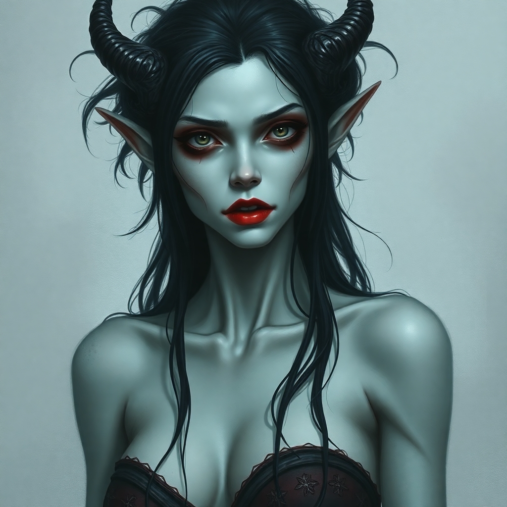 A porcelain-skinned undead elven woman with dark black hair, red lips and a haunting, hungry nature.