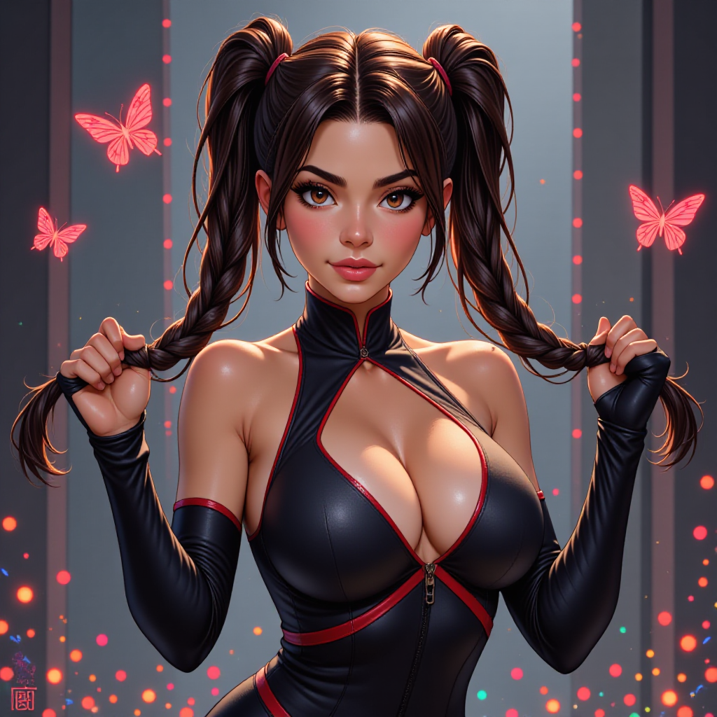 Beautiful Mexican American woman with thin, long face, hazel eyes and large full lips and brown hair parted down center and long pigtails that are thin and tightly braided on the top sides of her head, wearing sexy black with red trim ninja suit with cleavage, with her right hand up in a tight fist, turned slightly to the left, at right side of image with 1 inch of space to left of woman, with small multi-colored led lights behind her. Two butterflies on each side of her, with 1 inch of space above woman.