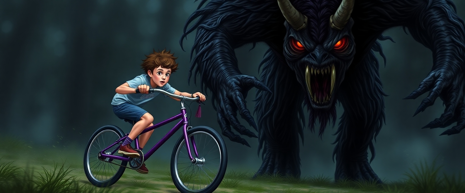 Terrified and cowardly 12 year old nerd boy racing away from a 12 foot tall wendigo on his purple bicycle with tassels coming from the handles