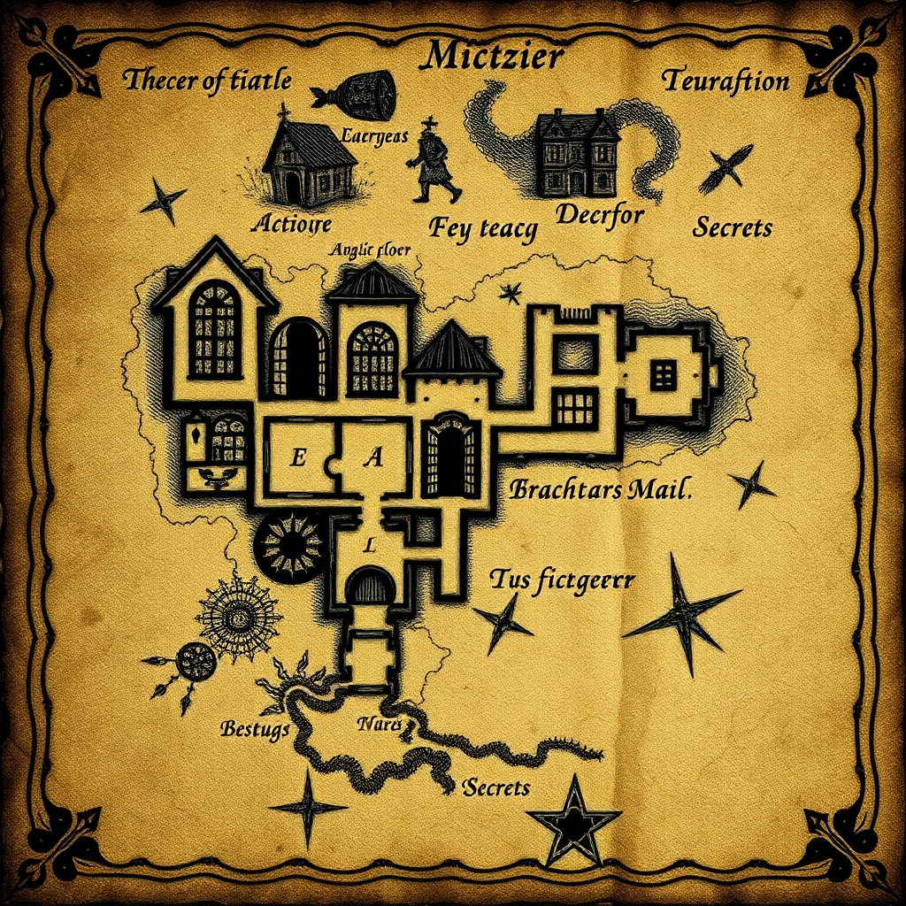 An ancient a weathered map of a gothic estate from the Metzinger family. The map should include secret doors, traps and secrets. The map should appear old, faded and hand drawn in a comic gothic style as if pages of an old journal. The map should be like that of a floor plan of the first floor of the mansion of estate.