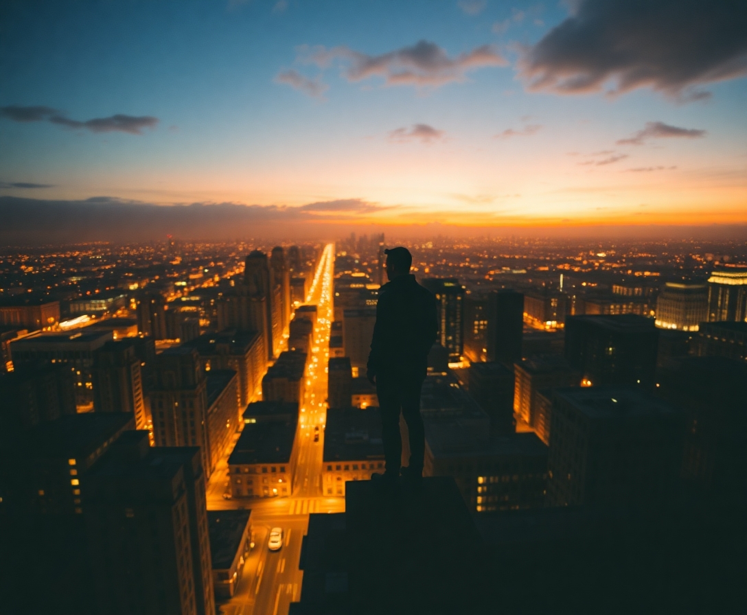 (((Fine art photography:1.8))), ((cinematic lighting:1.8)), ((grainy Polaroid aesthetic:1.8)), ((warm backlight:1.5)), ((soft golden light:1.8)), (((expressive:1.6))), ((concept art:1.7)), ((soft golden light:2.0)), (((light breaking through clouds:1.8))), ((depth of field:1.7)), (((atmospheric perspective:1.8))) A breathtaking urban landscape captured from a high vantage point, showcasing the sprawling cityscape during twilight. The scene features a silhouetted figure standing on the edge of a rooftop, gazing out over a vibrant skyline. The golden glow of streetlights creates a shimmering pathway through the city, contrasting with the deep blue and orange hues of the evening sky. Buildings of various heights, illuminated windows, and architectural diversity populate the foreground, adding depth and texture. The viewpoint emphasizes the vastness of the metropolis, while the atmosphere is both serene and contemplative, evoking feelings of awe and introspection. The composition balances the silhouetted figure with the expansive city backdrop, drawing the viewer's eye towards the horizon. Ideal for showcasing modern urban life and the beauty of cityscapes at dusk.