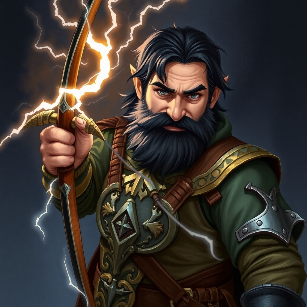 A fifth-edition dungeons and dragons character who is a middle-aged dwarf ranger. He has black hair, gray eyes, weilds a magical bow that creates lightning, and wears a mithril breastplate.