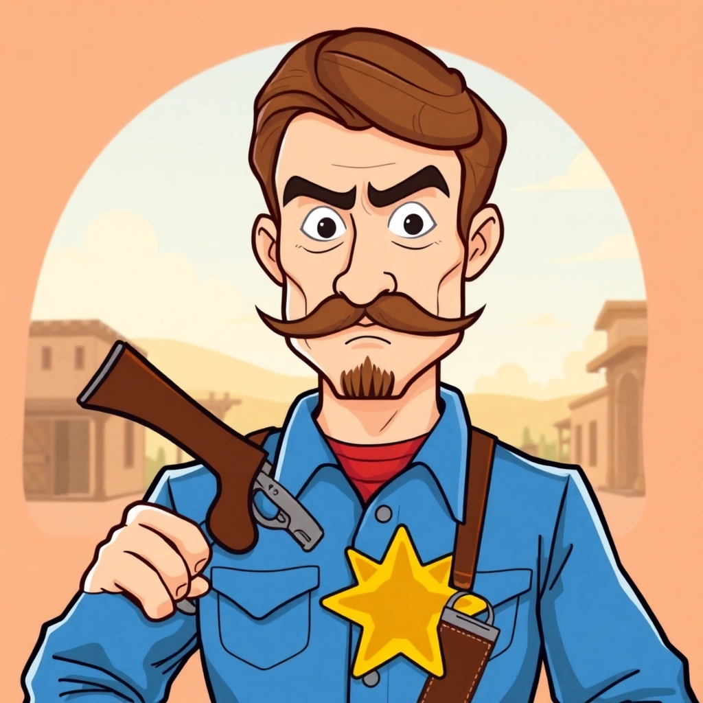 Create a cartoon drawing for a children's book of sheriff Wyatt Earp in Dodge city in 1875. Make him look tough and menacing with his six gun in his holster and his sheriff's star on his shirt. make him with with brown hair and a bushy moustache