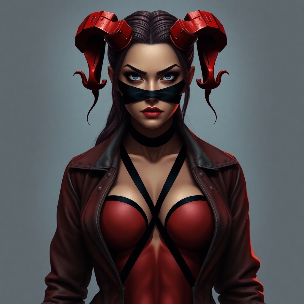 Create an image of a female hellboy lookalike character.  Her jacket will be open with her breasts exposed with black electrical tape over her nipples in an X formation
