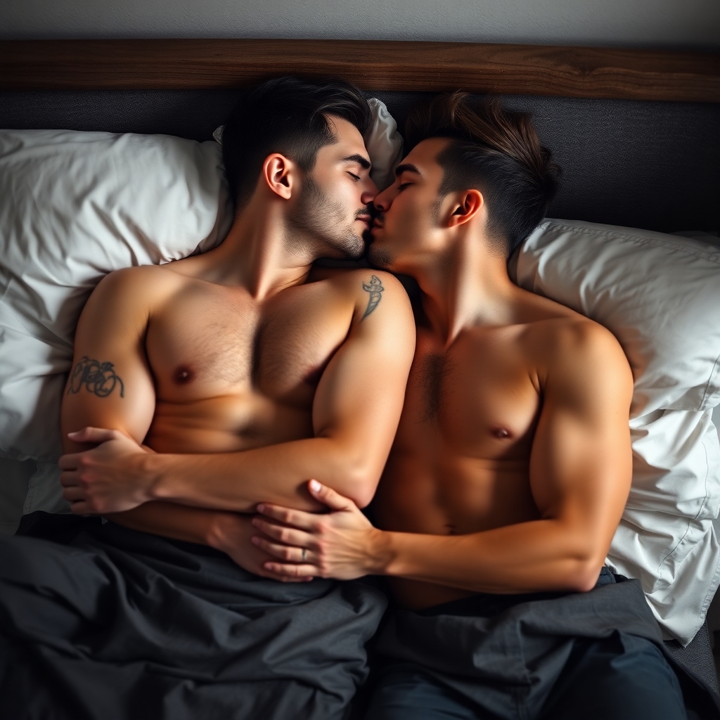 two college gay men in love at home, laying in bed together kissing