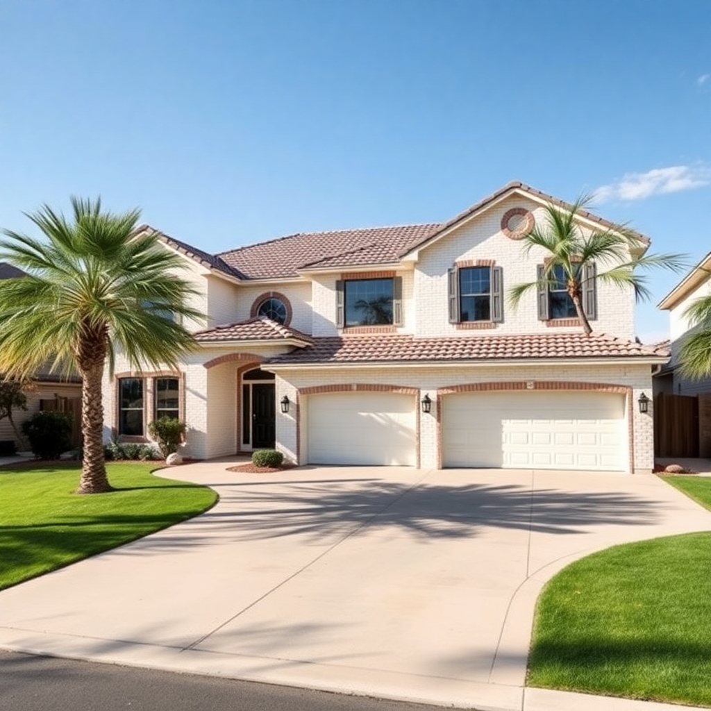 5100 square foot two level home in washington utah white brick, 4 car garage, has palm trees up the driveway