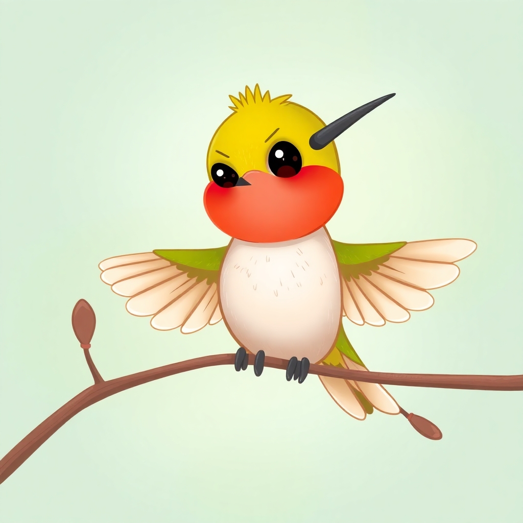 Please create a cartoon drawing  a very weak looking hummingbird.  Make her look very sad but likeable for the reader of a children's book.