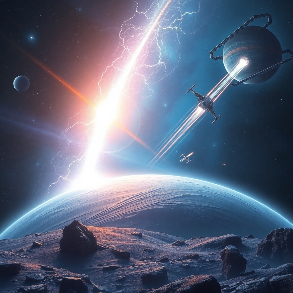 a tiny storm on a blue planet in a galaxy far far away while a space battle happens in the background