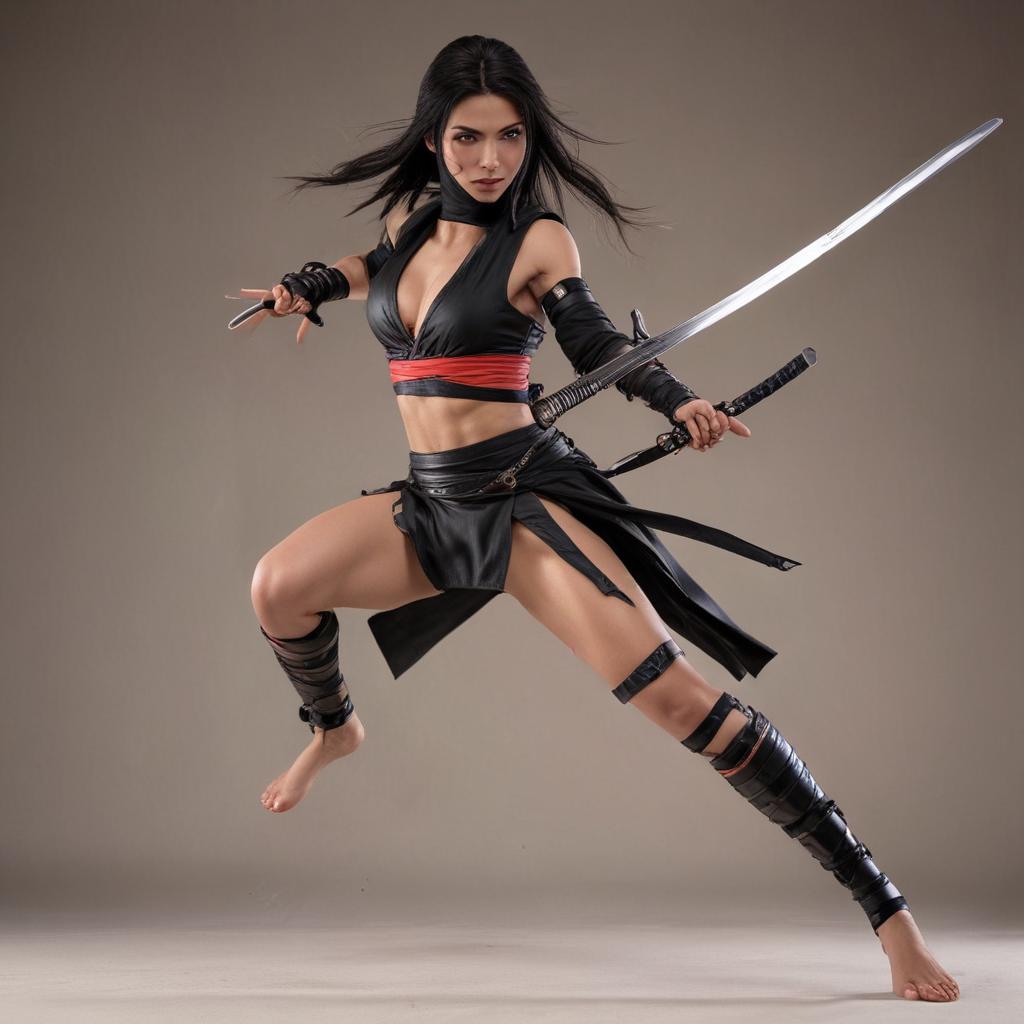 Create a full body female ninja in sword action. She is barefoot and topless with breasts that are defying gravity