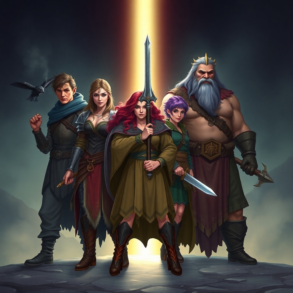 A five member dungeons and dragons adventuring party consisting of: A red-skinned thin male elven bard, a thin adrogynous female half-elf cleric/warlock wearing chainmail with a shadow raven familiar,  a curvy female half-elf warlock with purple hair wearing robes, a short but wide male dwarven ranger, and a very tall male half-giant barbarian/paladin.