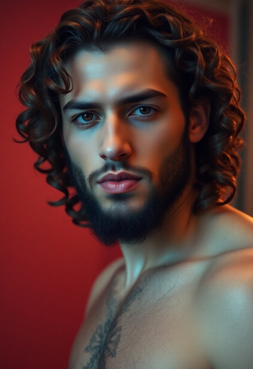 Sexy man with curly long hair and short beard. He is in his twenties. he has thick lips. He is toned but not overly muscular. Aggressive look. Arabic features.