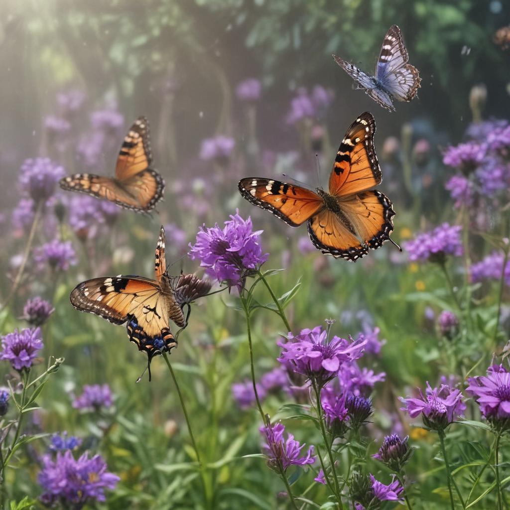 a photograph of butterflies flying around purple flowers, uhd, 4k