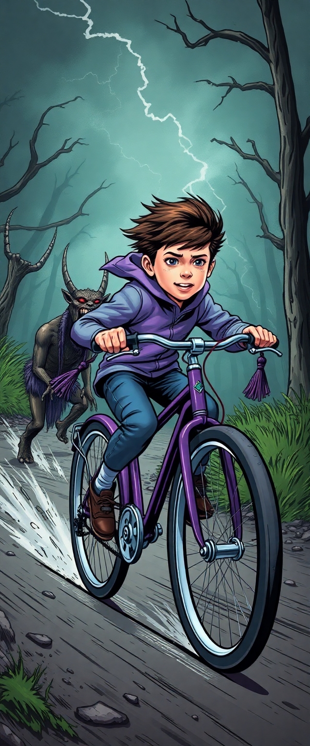 12 year old nerd boy racing away from a wendigo on his purple bicycle with tassels coming from the handles