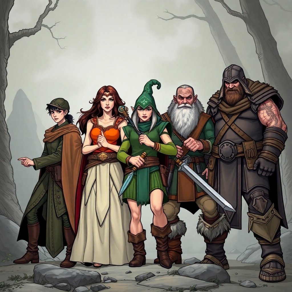 A five member dungeons and dragons adventuring party consisting of: A thin male elven rogue, a female half-elf cleric/warlock, a female half-elf sorceror, a short but wide male dwarven ranger, and a very tall male half-giant barbarian/paladin.