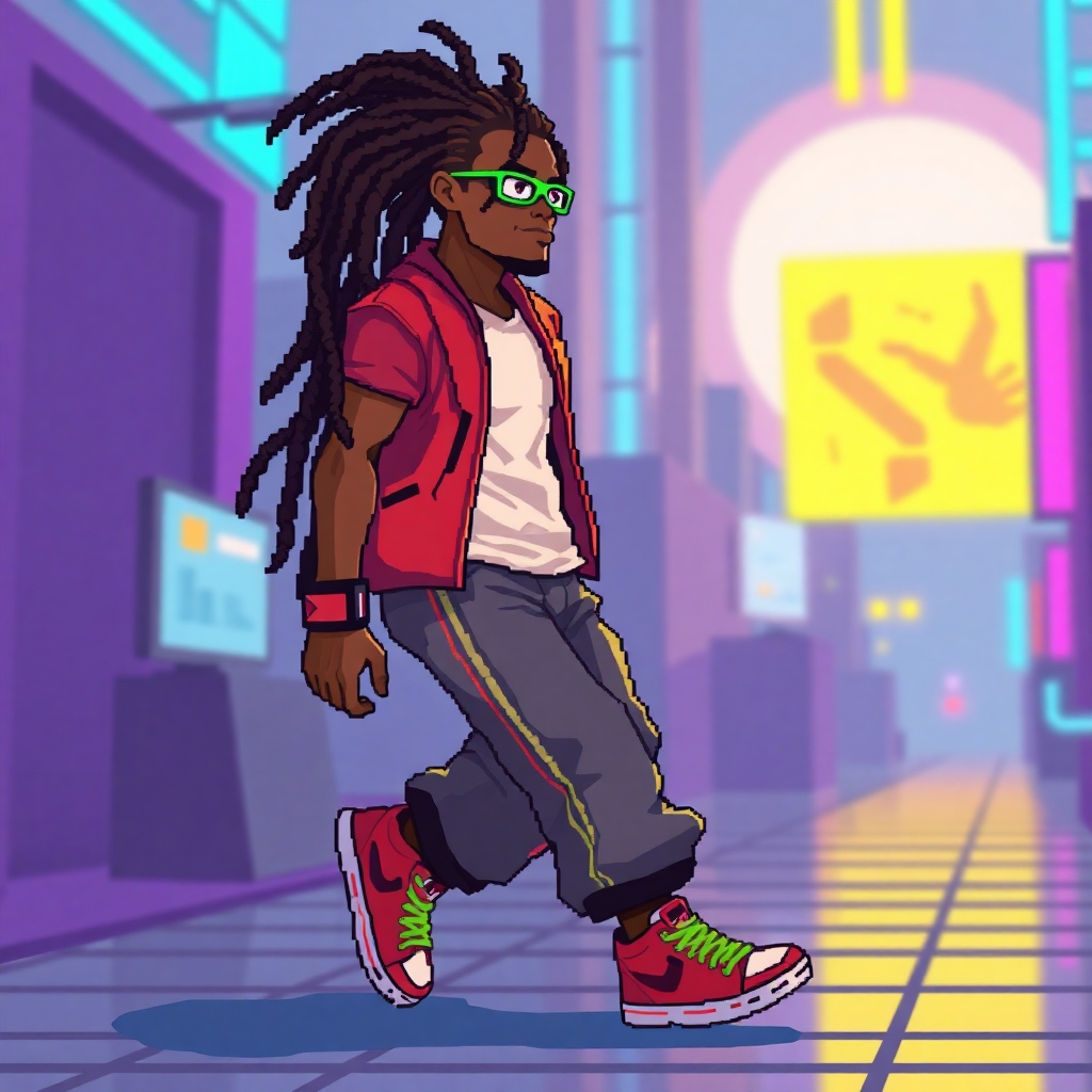 Generate a pixel tileset of a 2d cyberpunk male with dreadlocks. TIleset should include a walking, running, jumping, and standing animation.