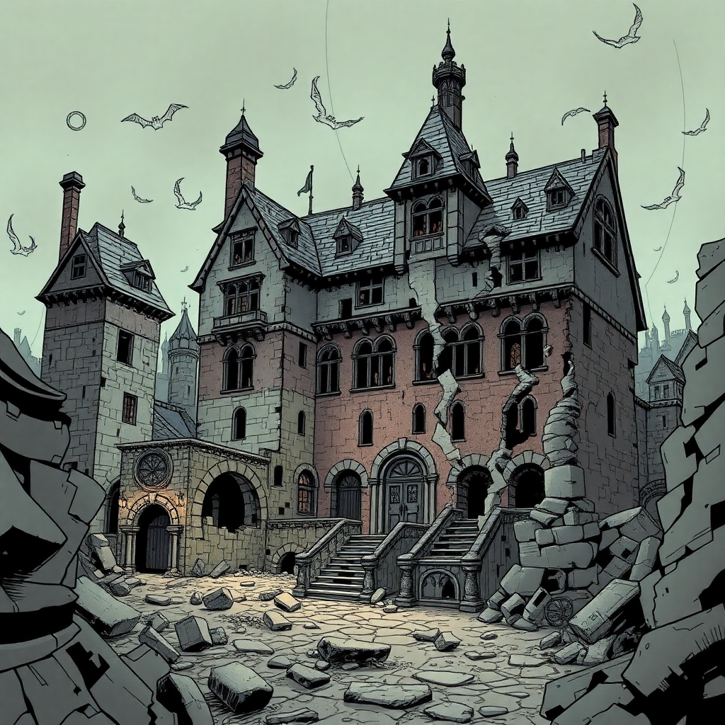 A ruined and collapsing noble estate in the city of Mordheim drawn in a comic gothic style.