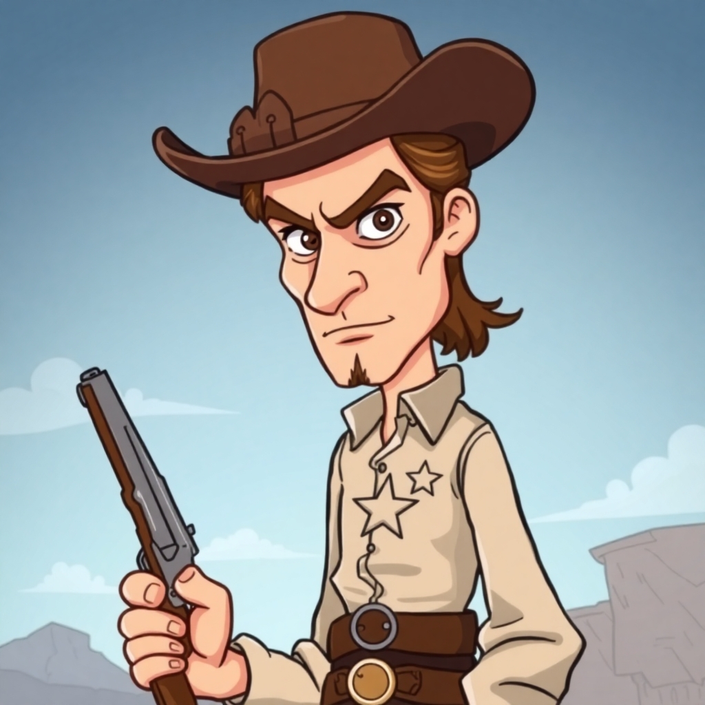 Create a cartoon drawing for a children's book of sheriff Wyatt Earp in Dodge city in 1875. Make him look tough and menacing with his six gun in his holster and his star on his shirt. with brown hair
