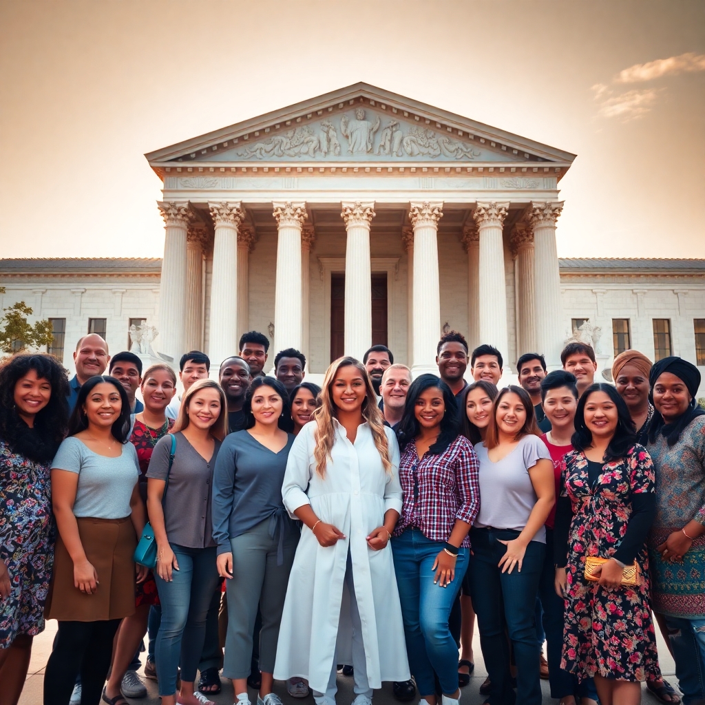 A vibrant and eclectic group of individuals from diverse racial and ethnic backgrounds, including people of African American, Asian, Caucasian, Hispanic, Indigenous, Middle Eastern, Pacific Islander, South Asian, and Southeast Asian descent, as well as individuals with disabilities, non-binary and LGBTQ+ identities, and people of mixed heritage, gather together in a mixed-sex group in front of the historic and iconic United States Supreme Court building in Washington D.C., standing confidently and optimistically in a unified front, facing directly towards the camera with a mix of determined and hopeful expressions on their faces, as they bask in the warm and golden light of the afternoon sun casting a sense of serenity and tranquility upon the scene, with the majestic structure of the Supreme Court building serving as a powerful backdrop, its grandeur and beauty a testament to the enduring principles of justice and equality that it represents, and the group's collective presence a celebration of the diversity and resilience that defines the American spirit.