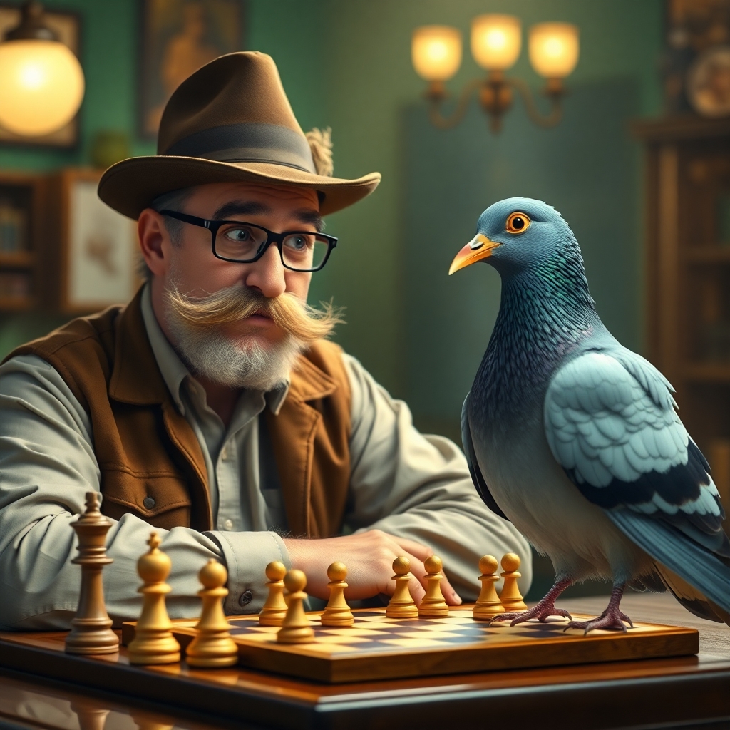 A man with a yosemite sam mustache teaching a pigeon to play chess