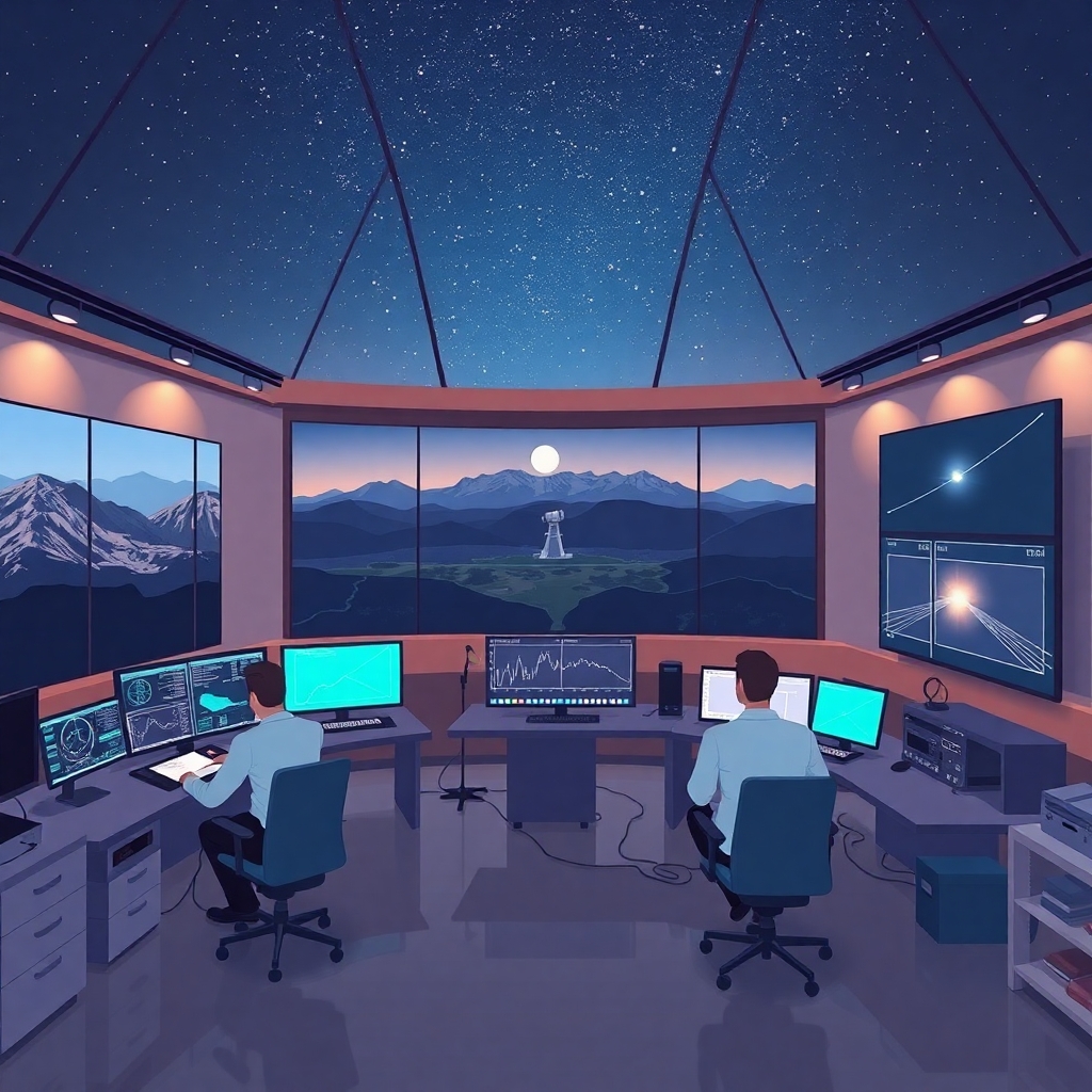 A detailed modern flat vector illustration in clean editorial illustration style showing a full scene inside a high‑tech astronomical observatory control room, where adaptive optics technology is being monitored in real time. The environment is a spacious interior with visible walls, floor, large panoramic windows, and scientific equipment filling the space edge‑to‑edge. Through the windows, a nighttime mountain landscape and a large ground‑based telescope dome are visible under a clear starry sky, emphasizing the connection between the observatory and the atmosphere above.  Inside the room, scientists and engineers work at illuminated control consoles displaying wavefront diagrams, atmospheric turbulence maps, and real‑time correction graphs. A large digital screen on the wall shows a comparison between a blurred star image and a sharp, corrected one, symbolizing how adaptive optics compensates for atmospheric distortion. Include subtle visual metaphors such as gently warped light beams entering from the window and being straightened by a stylized deformable mirror graphic on a monitor.  The interior environment must feel realistic and complete: desks, chairs, cables, softly colored walls, reflective floor surfaces, shelves with instruments, and ambient lighting from screens and overhead lamps. The scene should clearly communicate the measurement–computation–correction cycle of adaptive optics and its revolutionary impact on astronomy.  Style: modern flat vector illustration, smooth shapes, soft gradients, slight depth, clean editorial design. Color palette: deep blues, muted teals, soft purples, warm screen glows, and subtle metallic grays for equipment.  CRITICAL: full scene composition with a complete environment. The background must be part of the scene with clearly visible environment elements such as walls and floor or natural surroundings. The image must be fully filled edge-to-edge. Absolutely no white background anywhere in the image. No blank or empty areas. No isolated objects. No floating composition. No transparent background. The background is not a studio backdrop, it is a real environment.