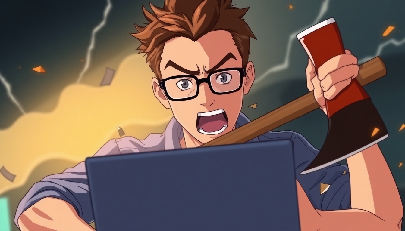 A software developer with short brown hair and glasses smashing his laptop with an axe.