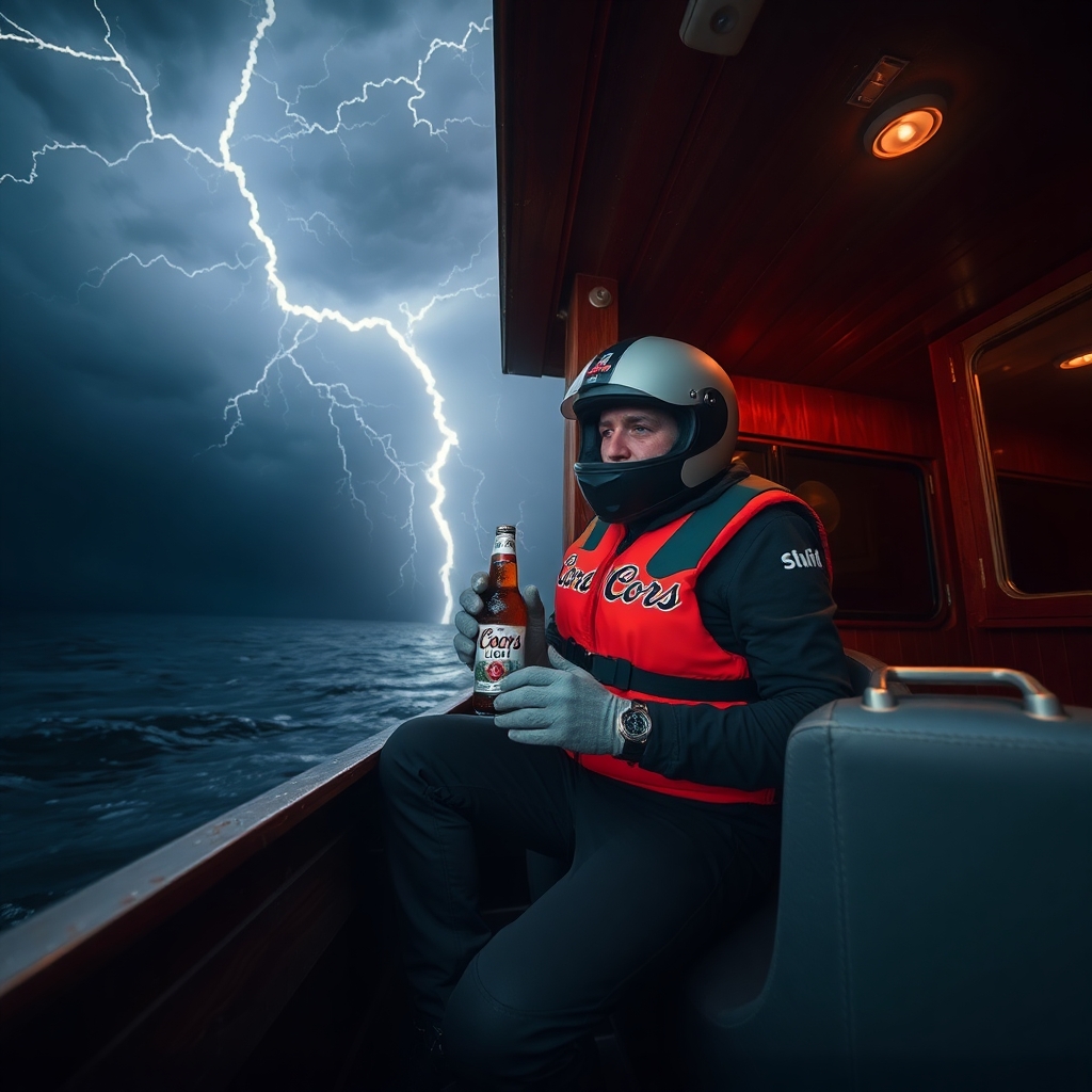 Man taking shelter inside a houseboat, crouched wearing a motorcycle helmet, life vest and clutching a coors light beer during a severe thunderstorm with strong winds