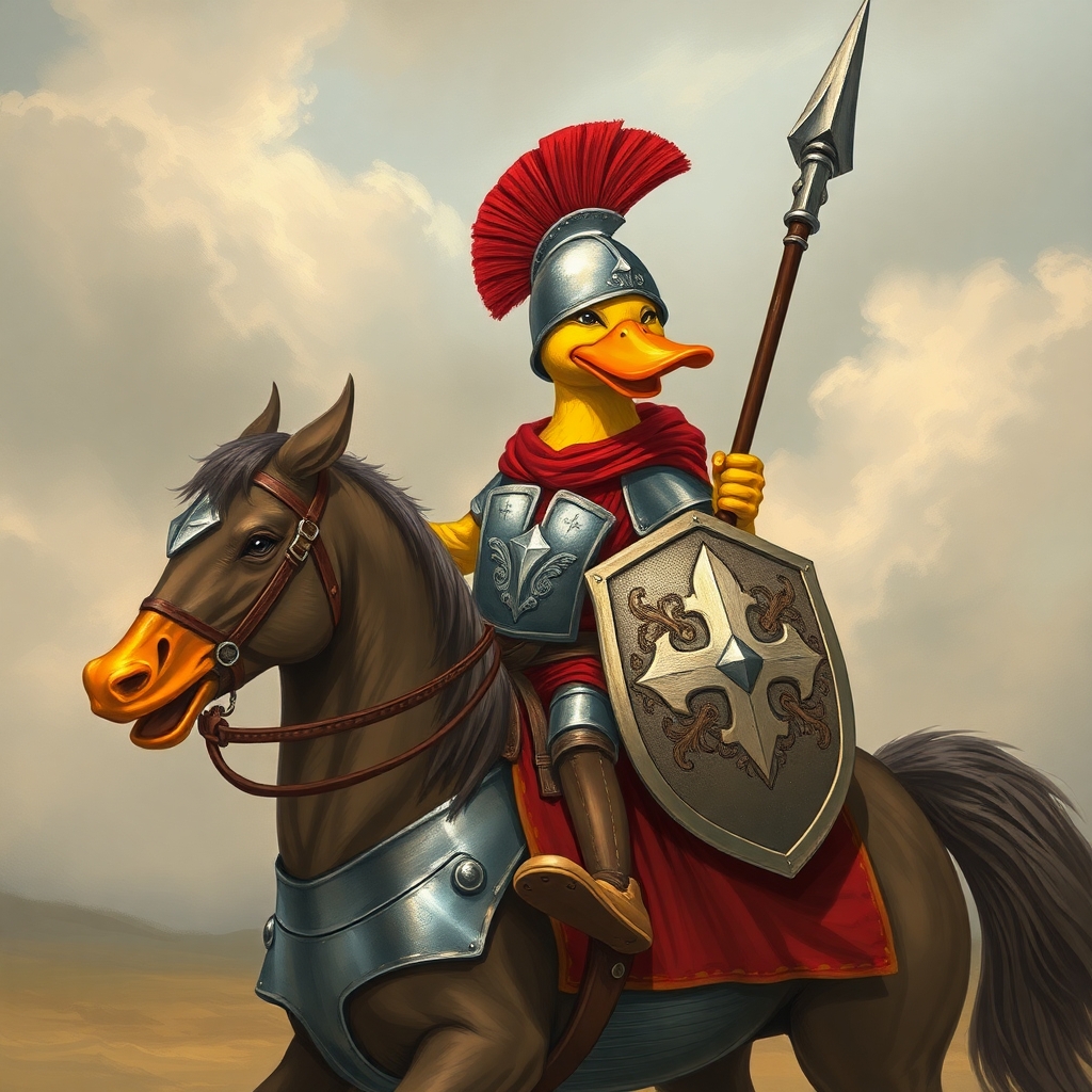 Duck in crusader armor with a spear riding a horse