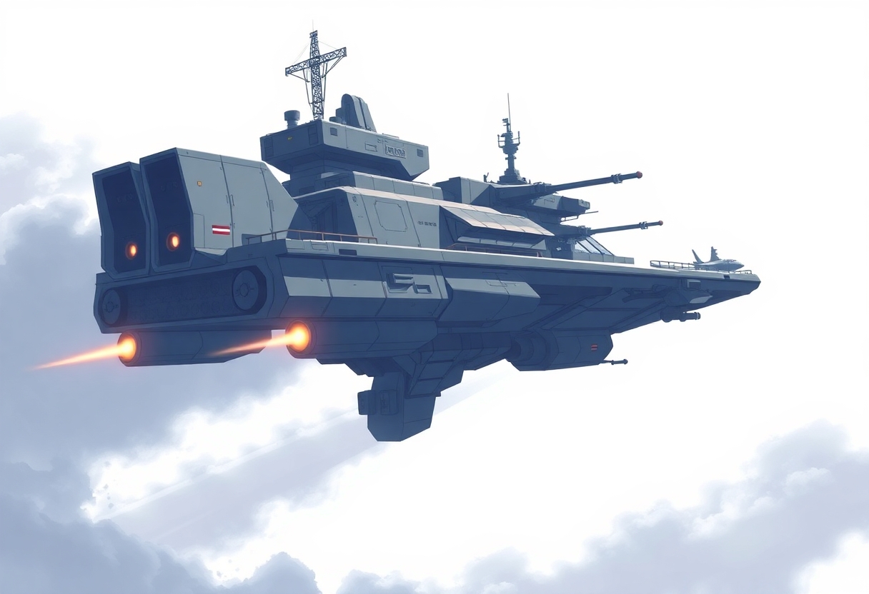 one, ARMD Platform style, Robotch, Soviet, Sci-Fi, Space aircraft carrier, on a white background