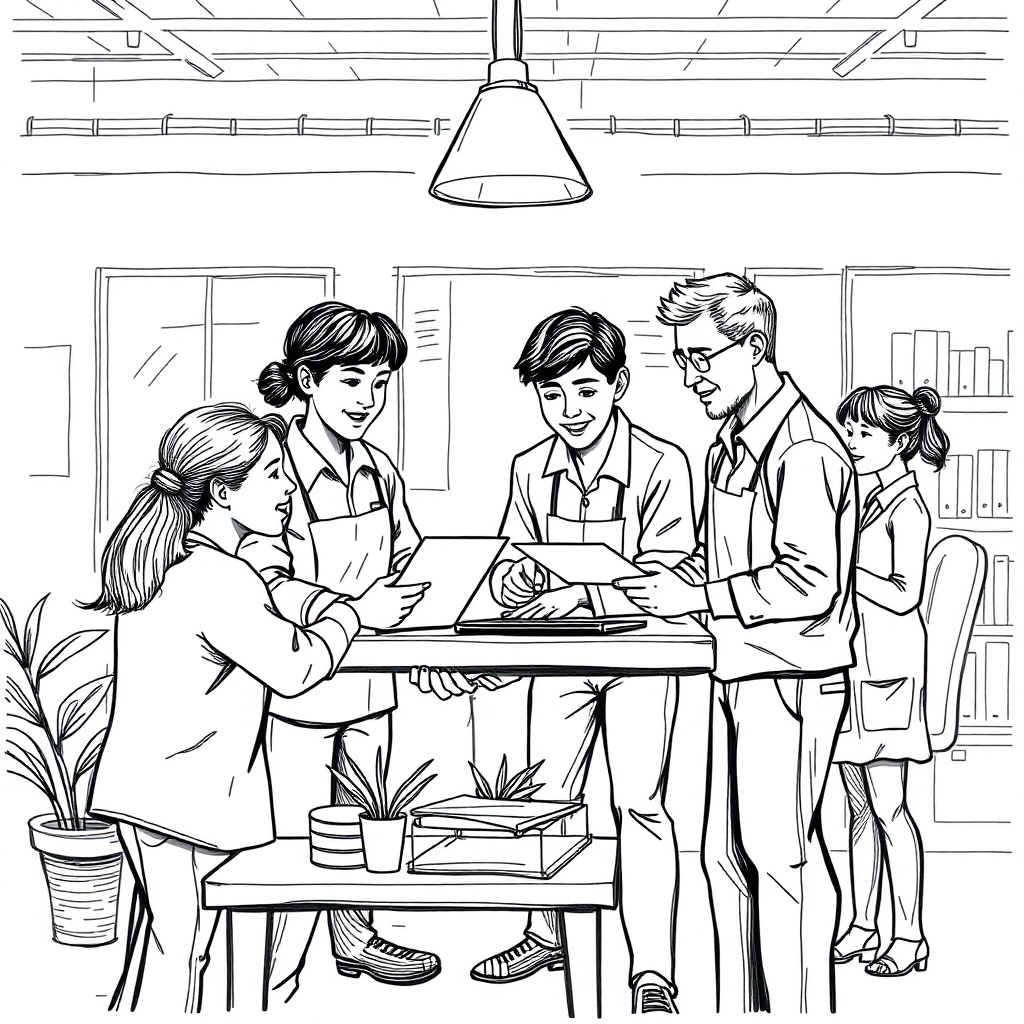A drawing of a multigenerational group of workers collaborating at a business