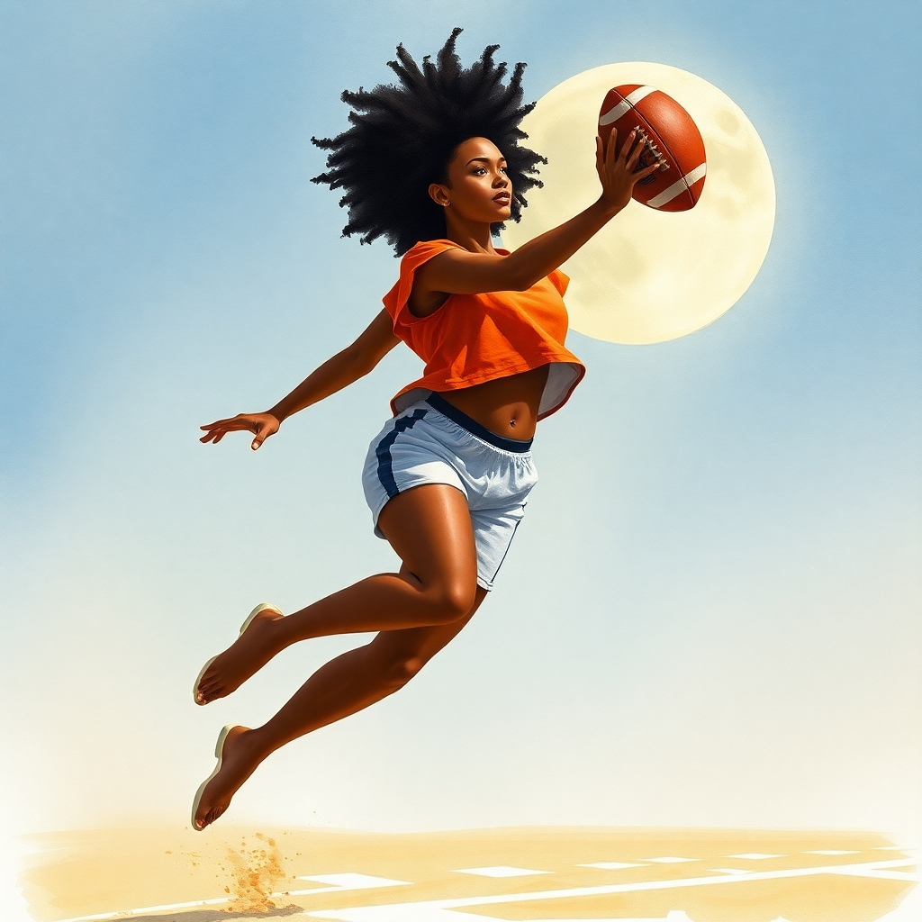 Create a girl American football player. Her skin tone is dark. Base her off of actress Nathalie Emmanuel.  She is playing the game on the sunny side of the moon.  She is jumping up to catch the football in the end zone on the beach sand. She is wearing a cutoff half top shirt blowing up that emphasizes her five times larger than a normal human woman’s round firm underboobs as she jumps high in the air to catch the football.  This is a painted watercolour. She has a straightened light but high Afro