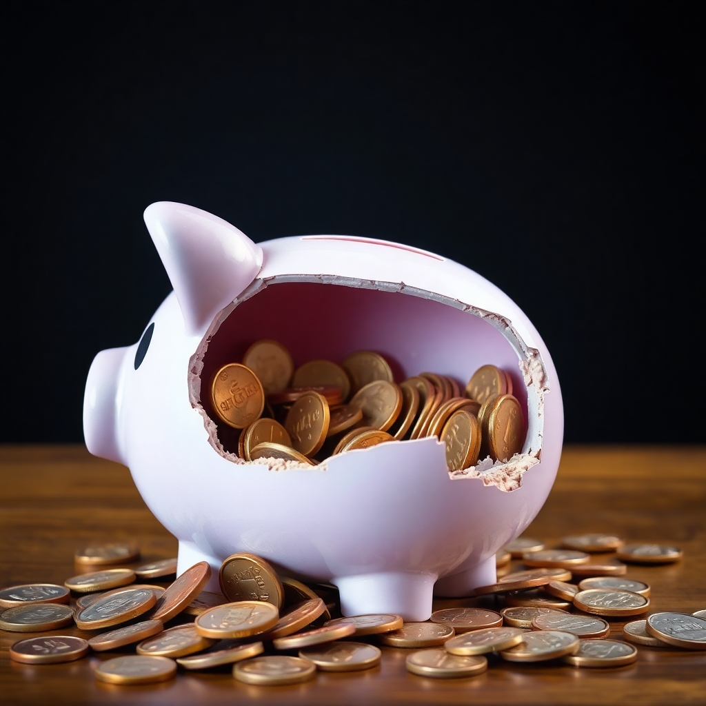 Image: A child’s piggy bank smashed open with coins spilled out