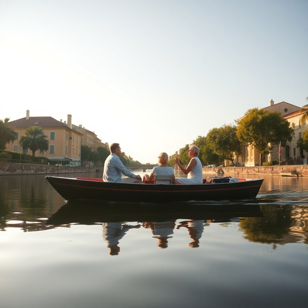 A couple enjoying a slow boat ride along the Canal du Midi, reflections in the calm water, warm summer afternoon, photorealistic