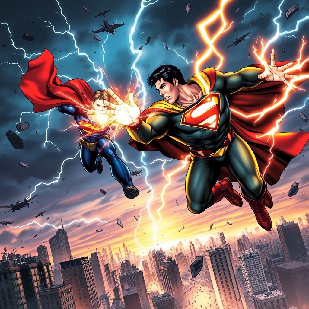 A high-resolution, ultra-detailed illustration of Superman and Captain Marvel (Shazam) engaged in an epic aerial battle above a destroyed cityscape at dusk. Superman, in his iconic blue suit and red cape, unleashes heat vision with fierce intensity, while Shazam counters with a powerful magical lightning strike from his glowing hands. The sky is dark and stormy, lit by lightning flashes and debris flying from collapsed skyscrapers below. Both heroes look determined and battle-worn, muscles tense, capes torn. The energy and power around them distorts the air. Comic book style with dynamic lighting, motion blur, and dramatic shadows. Epic showdown, explosive energy, heroic proportions.