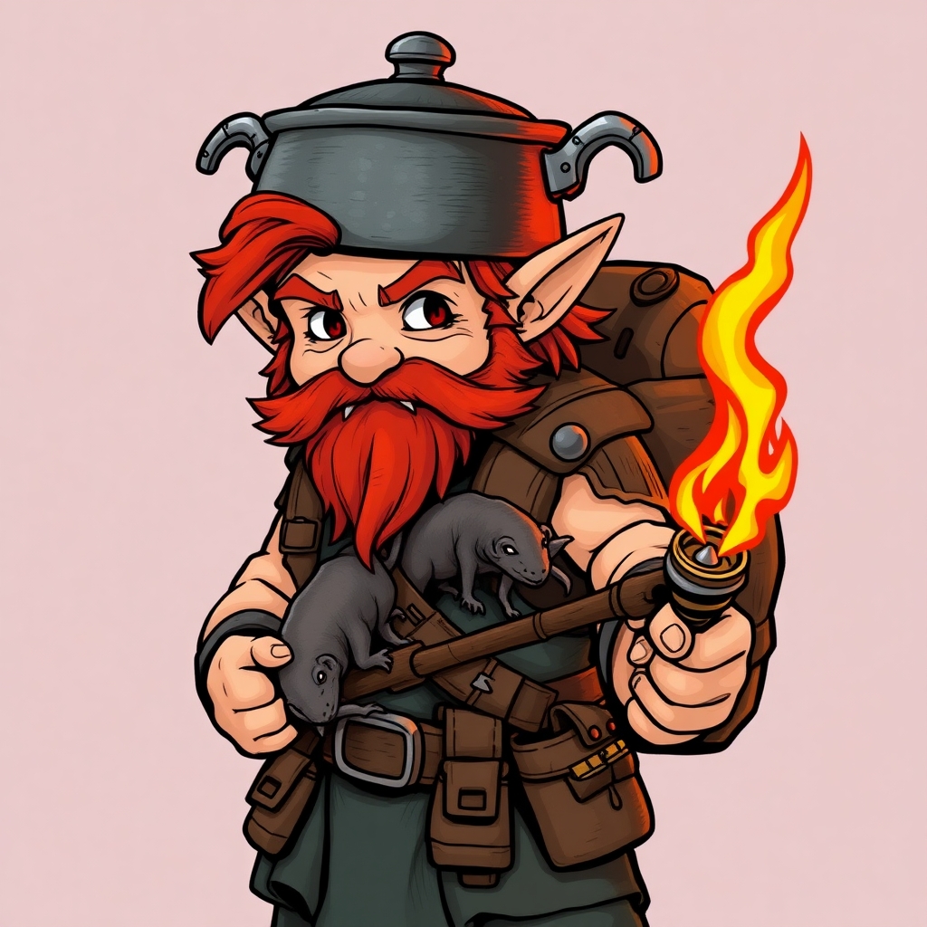a read hair warhammer fantasy halfling with a cooking pot on his head, a backpack with dead rats on it and a red-hot branding iron in his hands drawn in comic style