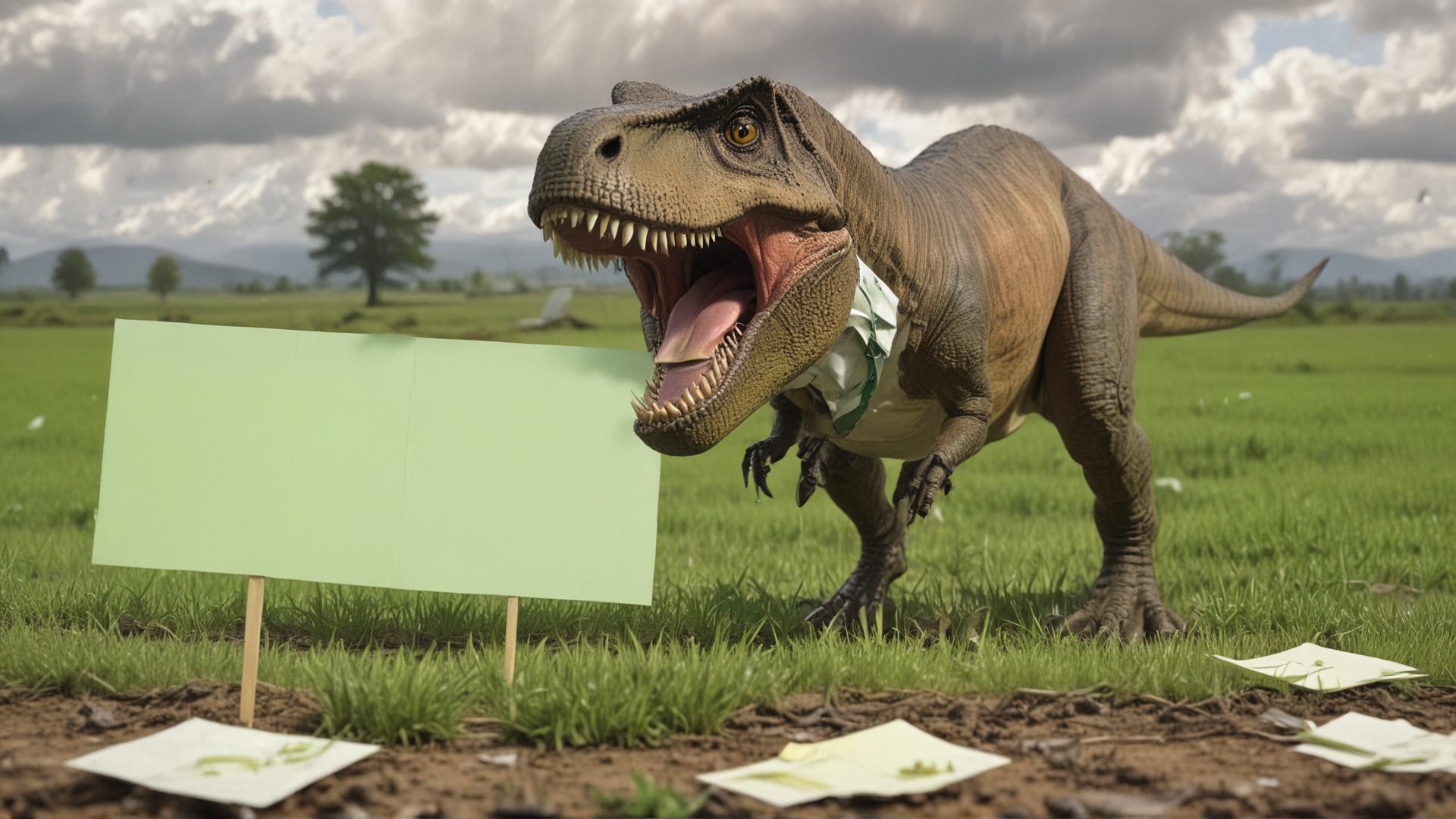A T-Rex wearing a tie on the left of view. He is seen in profile. His mouth is wide open. The T-Rex is looking across a large field of green. Randomly across the green fields are index cards on sticks sticking out of the ground, and one white board with several sticky notes on it.