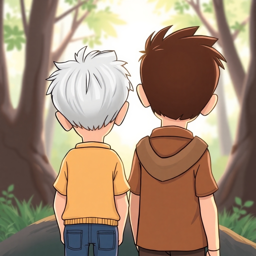 a cartoon drawn little boy with brown hair and his grandfather with short gray hair standing side by side nest to each other from behind. https://www.imagiyo.com/images/mxkaz6Y5aJ0P/view