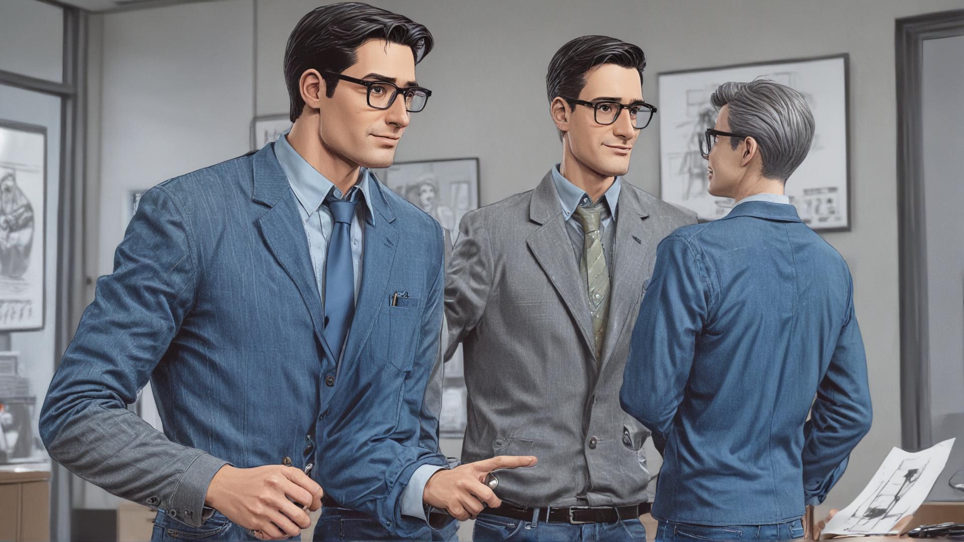 A man is talking with an investment banker in a bank. The man has short black hair combed back, a thin beard, and some gray in both. He is wearing glasses and his clothing is jeans and a blue polo shirt. The banker is a robot in a pin stripe suit.