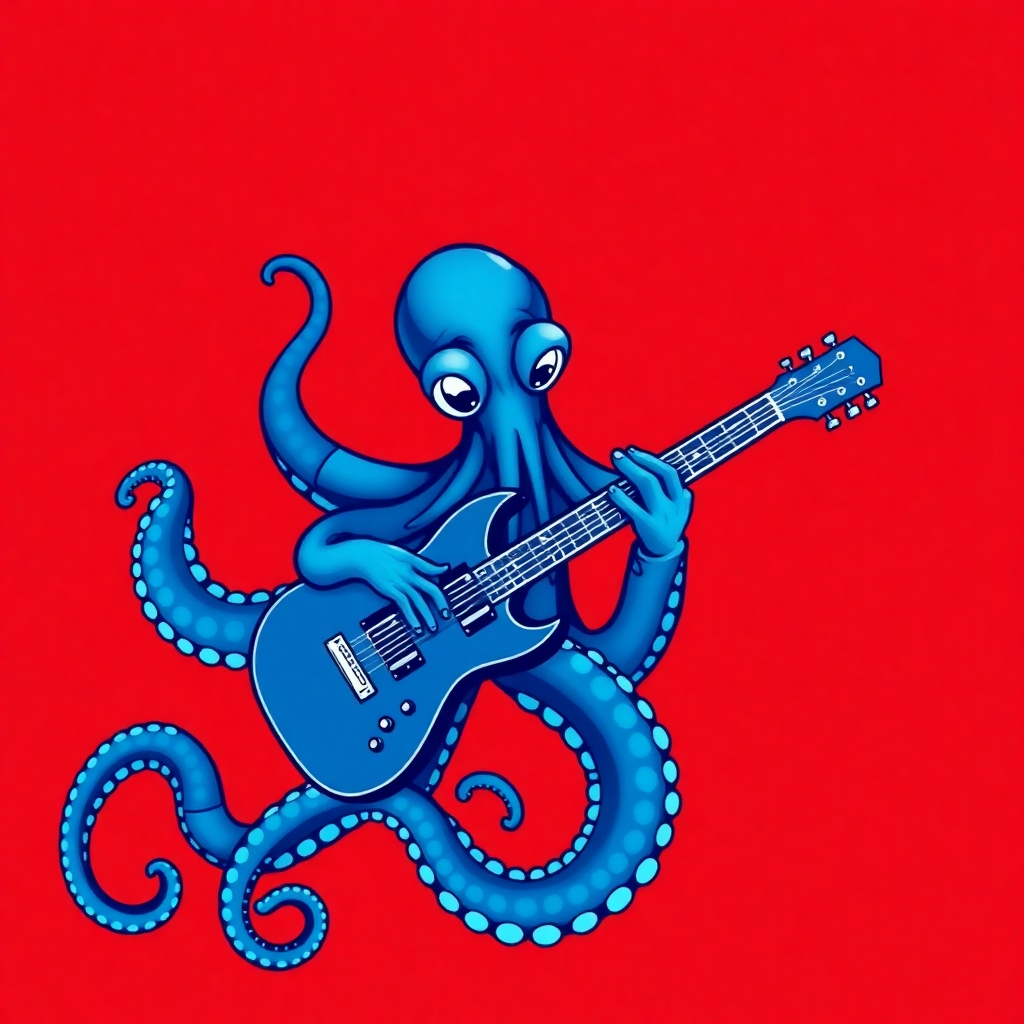 I want an ultramarine blue octopus playing the guitar, kickdrum/cymbals and synth on a red background. The image should be square and leave space above for a title.
